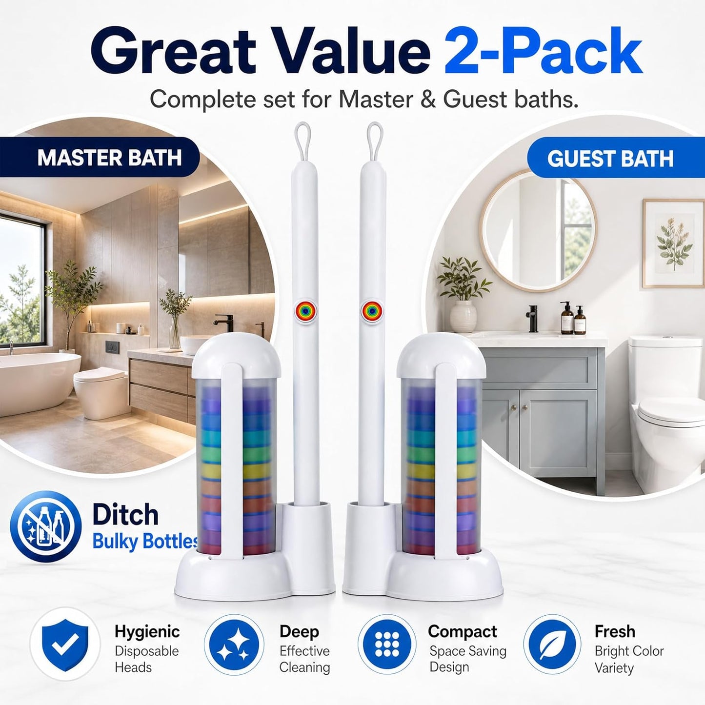 Disposable Toilet Brush and Holder Set - Hands-Free Eject Sponge Toilet Wand with Floor Standing Caddy, Secure-Lock Hangable Toilet Scrubber