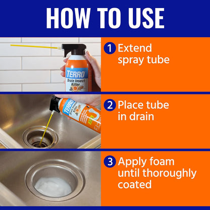 TERRO Drain Insect Killer, 1-Pack, Foam Treatment for Indoor Infestations | Kills Cockroaches, Drain, House, & Fruit Flies, Extension Tube Application, Drain Fly Killer, Works on All Pipes