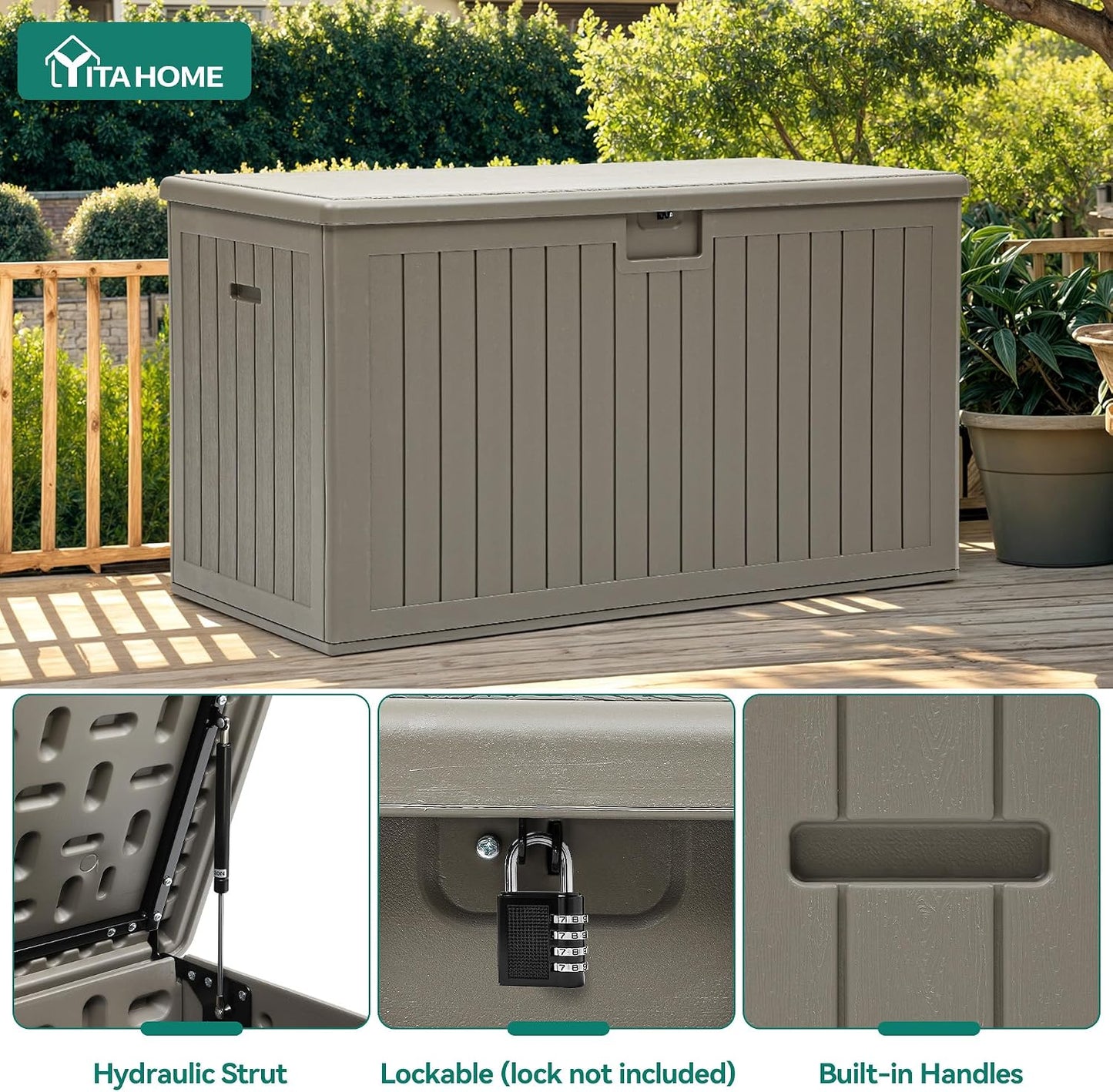 YITAHOME 95 Gallon Outdoor Storage Deck Box | Waterproof Resin Deck Box w/Handles, Lockable Outdside Deck Box for Patio Furniture, Garden Tools, Lockable & UV