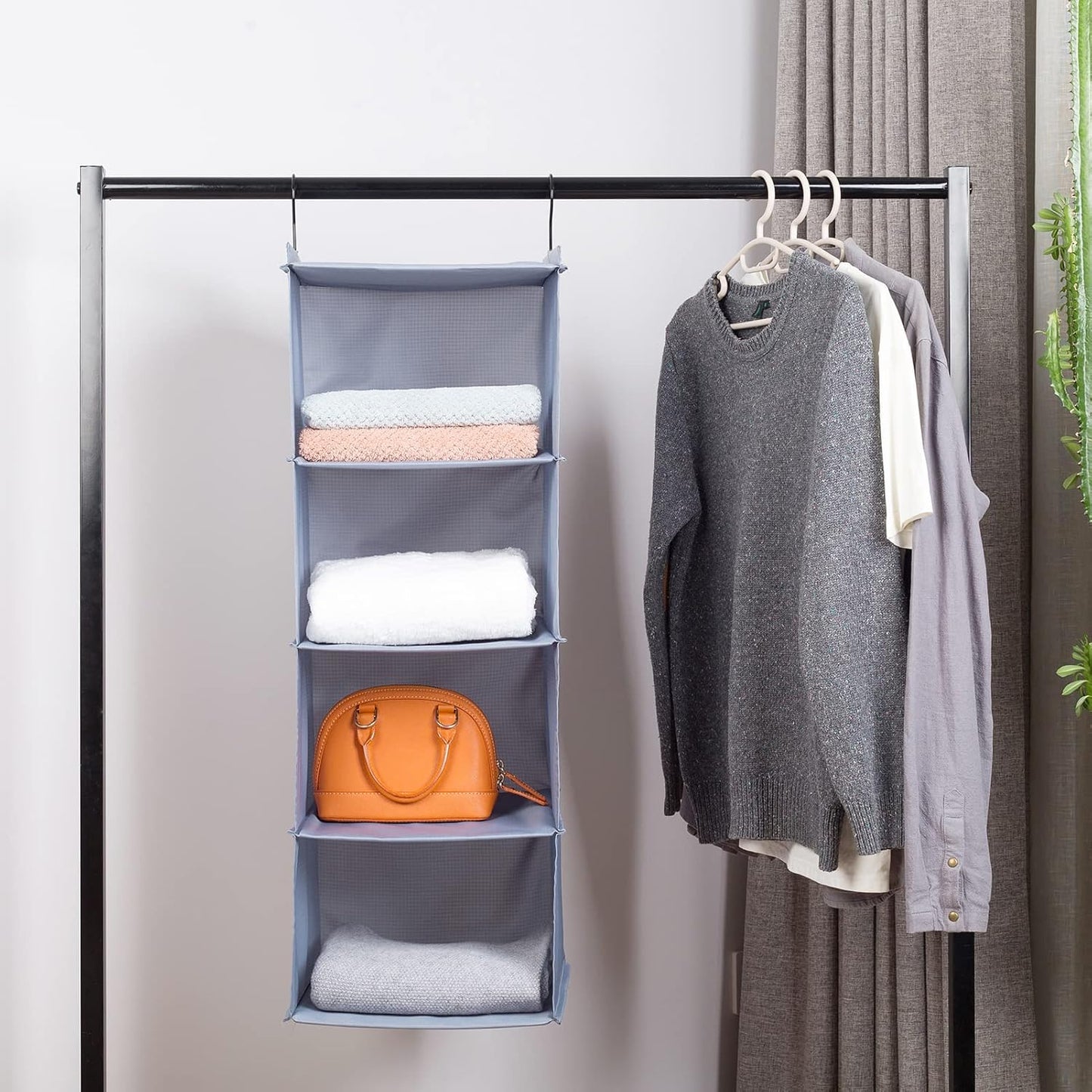 Hanging Closet Organizer 3-Shelf, Oxford Fabric Wardrobe Storage, Gray | Easy-mount foldable design holds clothes, handbags, shoes & accessories; washable Oxford fabric, sturdy and space-saving.