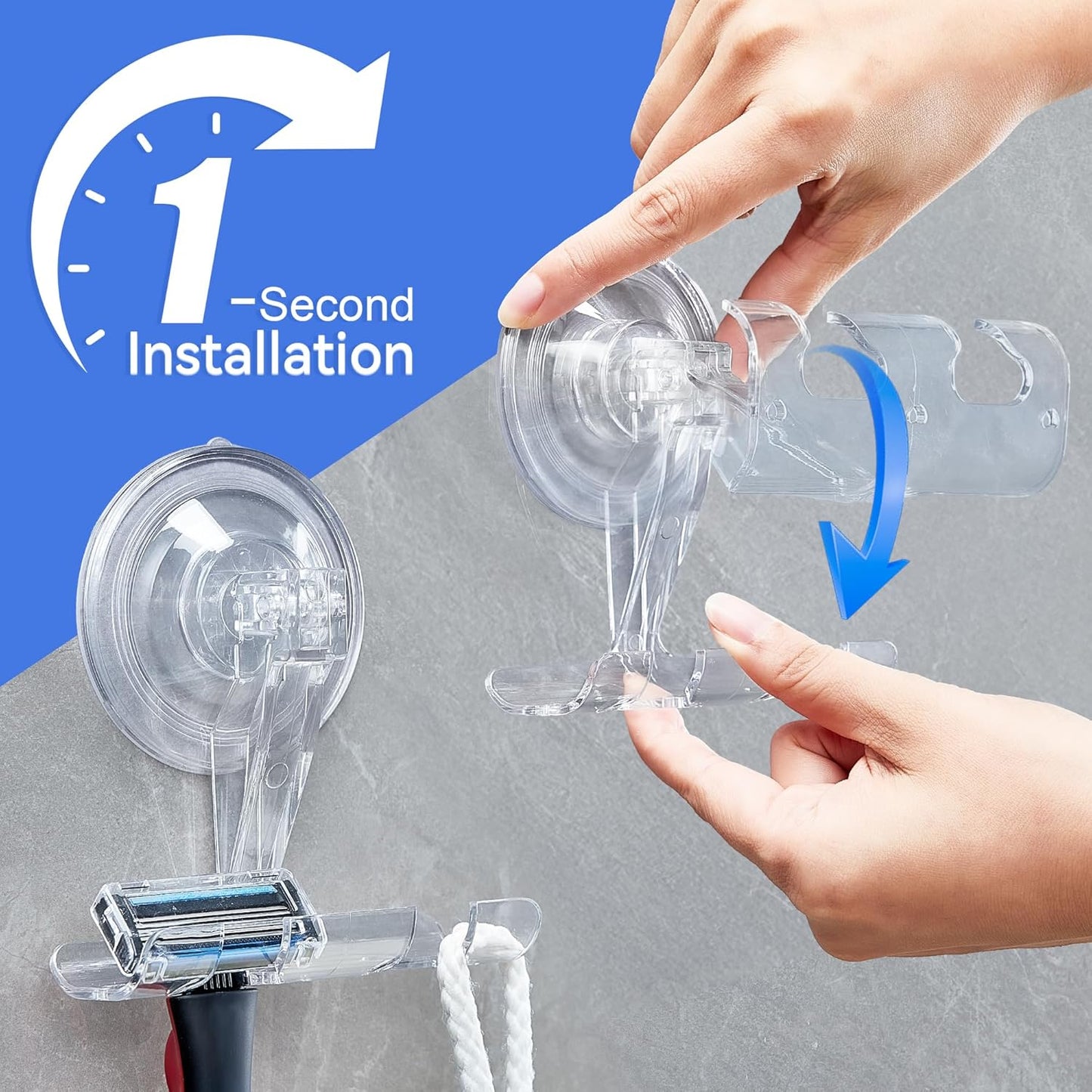 ANDGOO Suction Cup Razor Holder for Shower, 2 Pack Powerful Suction Cup Hooks for Towel, Loofah, Shaver, Wreaths, No-Damage Wall Hanger for Bathroom, Kitchen, No Drilling, Easy Install, Clear