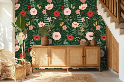 HAOKHOME Floral Peel and Stick Wallpaper Boho Vintage Wall Paper Removable for Bathroom Nursery Beige/Pink/Red Contact Paper 17.3in x 9.8ft