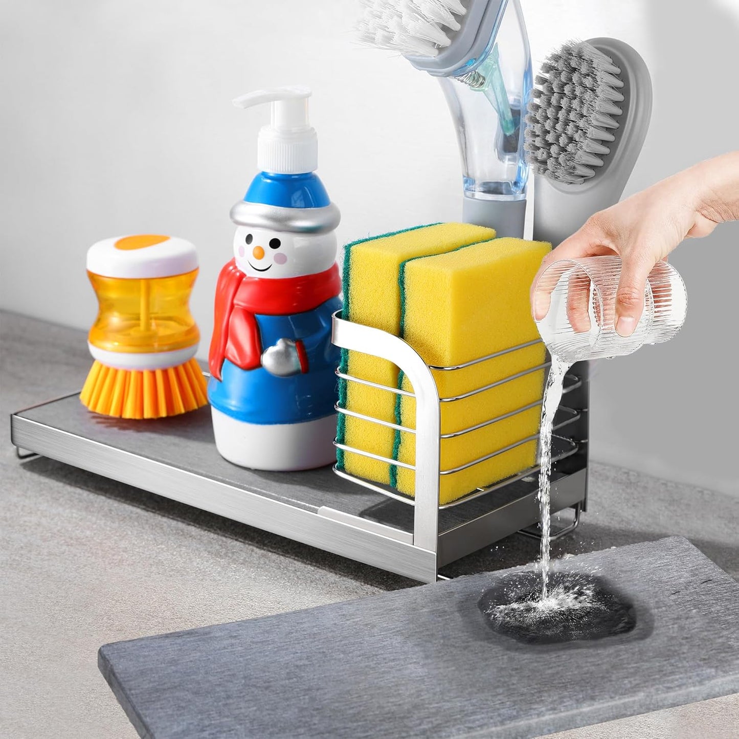 for Scrub Daddy & Mommy Sponge Holder, Kitchen Sink Caddy for Soap Dish & Adjustable Dish Brush Holder, with Diatomite Stone Sink Tray, Instant Dry