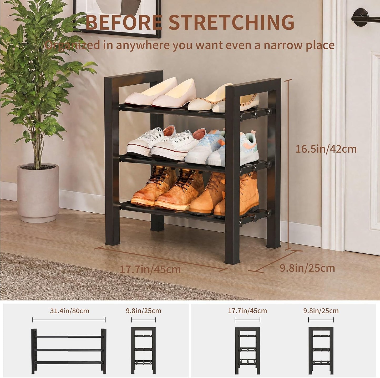 2 Tier Shoe Rack - Expandable Shoe Organizer for Closet, Adjustable Metal Shoe Shelf Storage, Stackable Long Shoe Stand Holder for Garage, Entryway, Door Entrance
