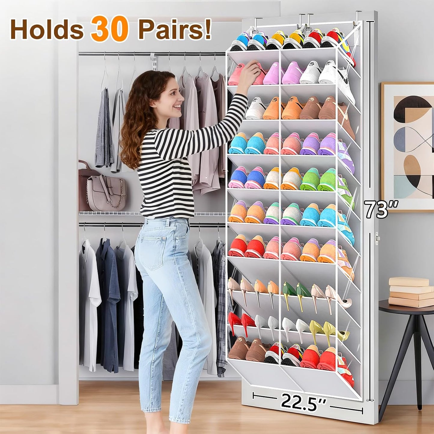 UVIAHOMI 20-30 Pairs Over the Door Shoe Organizer, Clear Pockets Hanging Shoe Storage for Closet, 10-Tier Door Shoes Rack, Handing Shoes Holder Fit All the Family's Sneakers, Boots, Heels, White