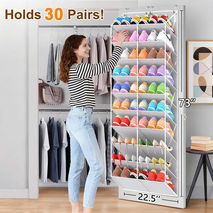 UVIAHOMI 20-30 Pairs Over the Door Shoe Organizer, Clear Pockets Hanging Shoe Storage for Closet, 10-Tier Door Shoes Rack, Handing Shoes Holder Fit All the Family's Sneakers, Boots, Heels, White