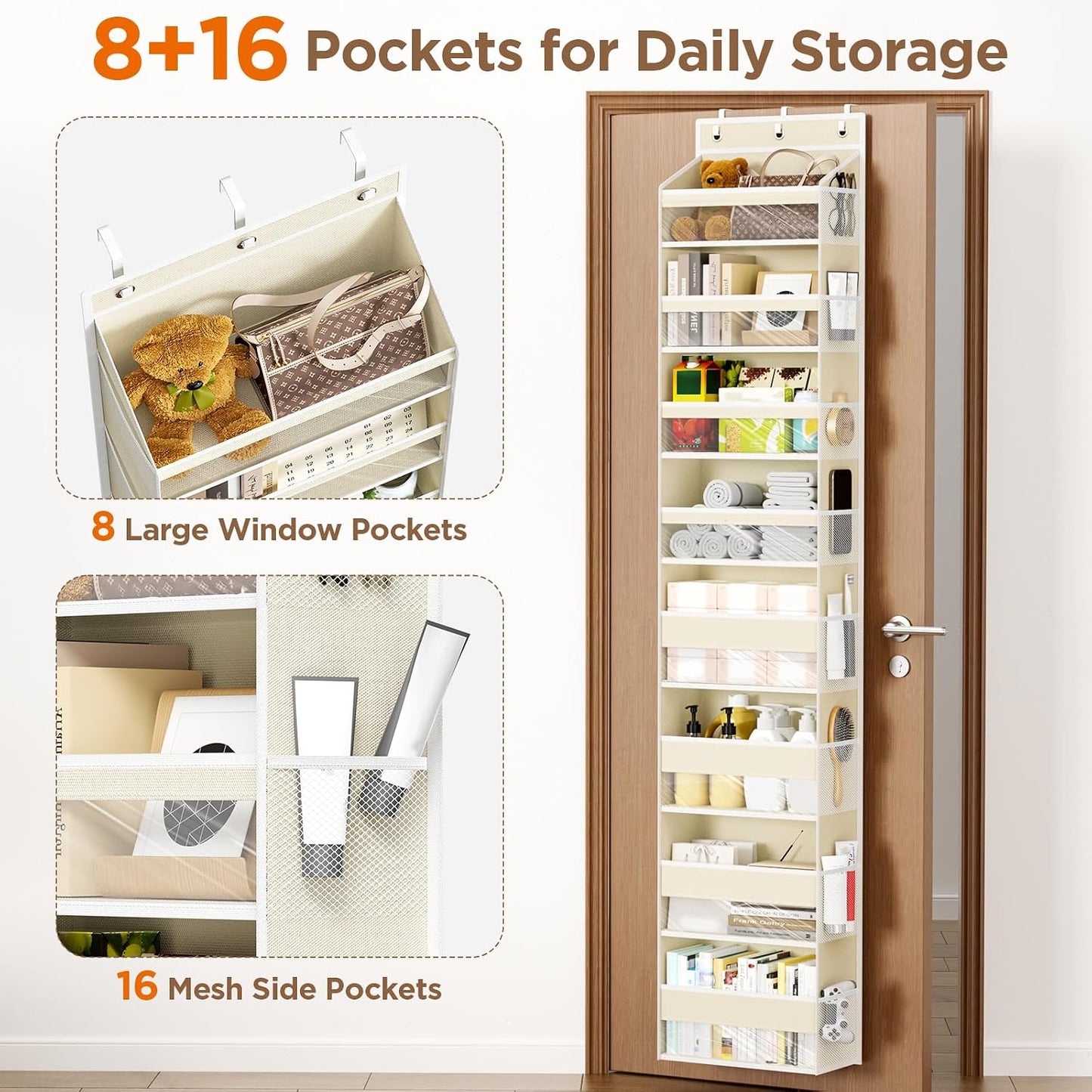 6 Tiers Over The Door Organizer, Heavy Duty Hanging Organizer Storage with Large Capacity Pockets, Behind Door Storage Hanging Shelves for Closet Wall Bathroom Bedroom Nursery Pantry, 1 Pack Grey