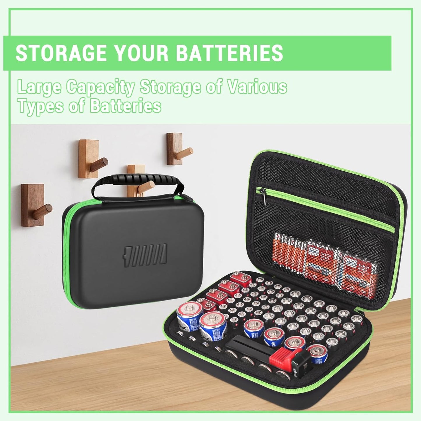 Battery Organizer Storage Case with Tester for AA AAA Button Battery Holder Carrying 3 Batteries Variety Pack 88 Batteries Zipper Mesh Bag (Batteries Not Included) (black-green)