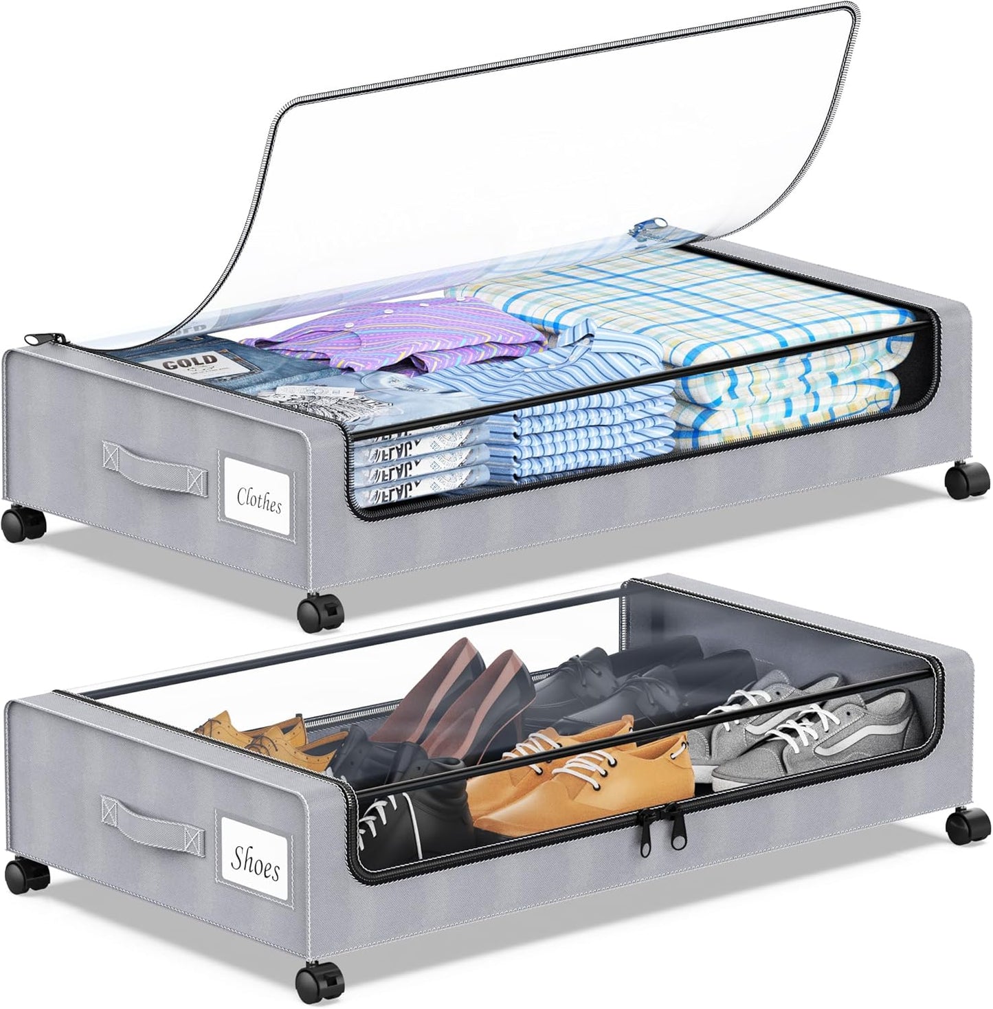 YAASHEEN Under Bed Storage with Wheels, 2-Pack Under the Bed Storage Containers with Clear Lids & Label, Underbed Storage Bins, XXL 60L Rolling Metal Drawer for Clothes, Shoes, Toys, Books - Gray