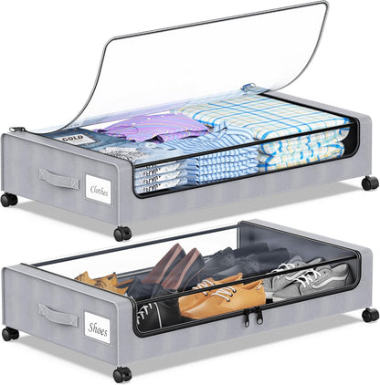 YAASHEEN Under Bed Storage with Wheels, 2-Pack Under the Bed Storage Containers with Clear Lids & Label, Underbed Storage Bins, XXL 60L Rolling Metal Drawer for Clothes, Shoes, Toys, Books - Gray