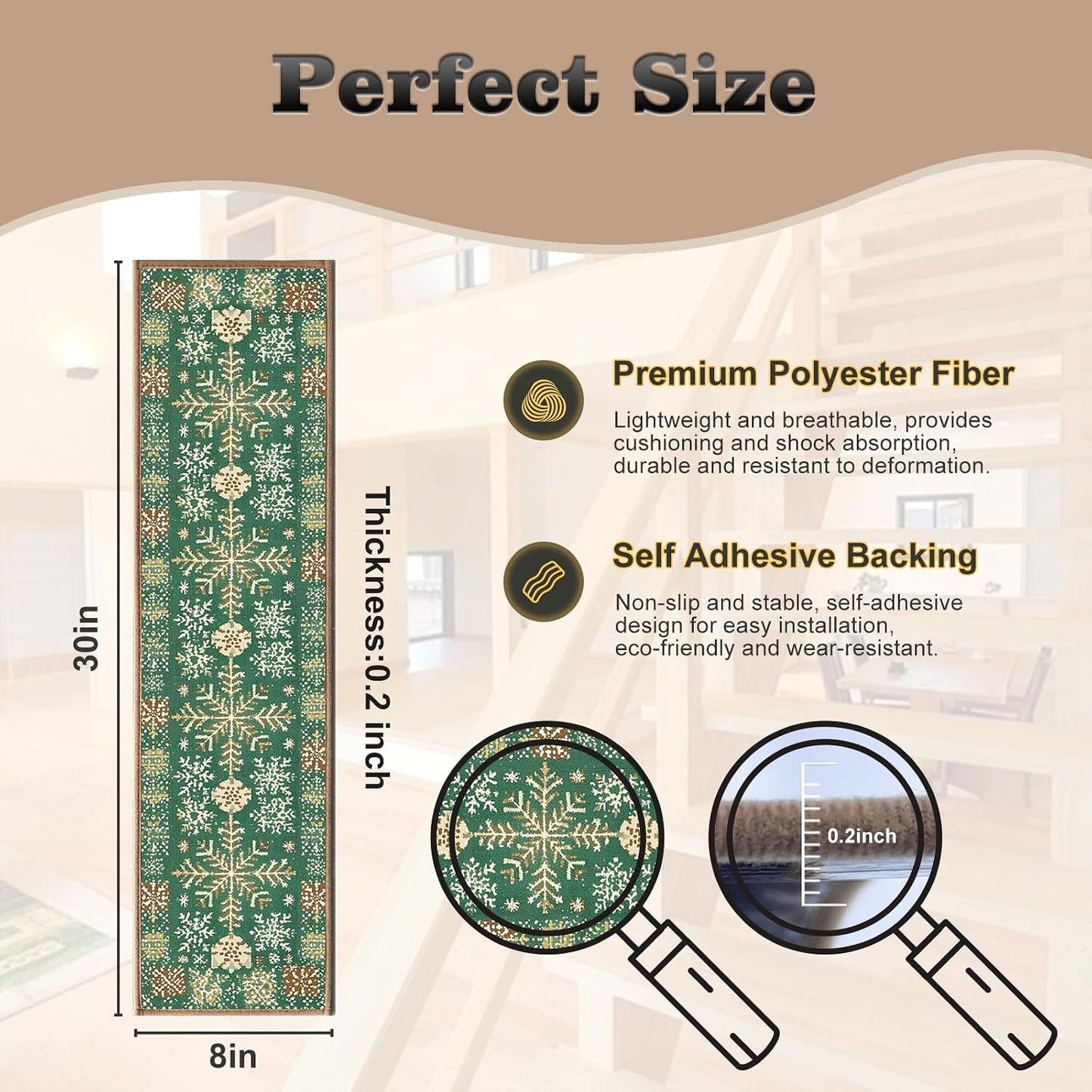 Non Slip Stair Treads for Wooden Steps, 15 Pack 8"x30" Washable Carpet | 8x30 in soft chenille polyester stair treads with reusable TPE backing for indoor wood stairs, dogs, kids, and seniors