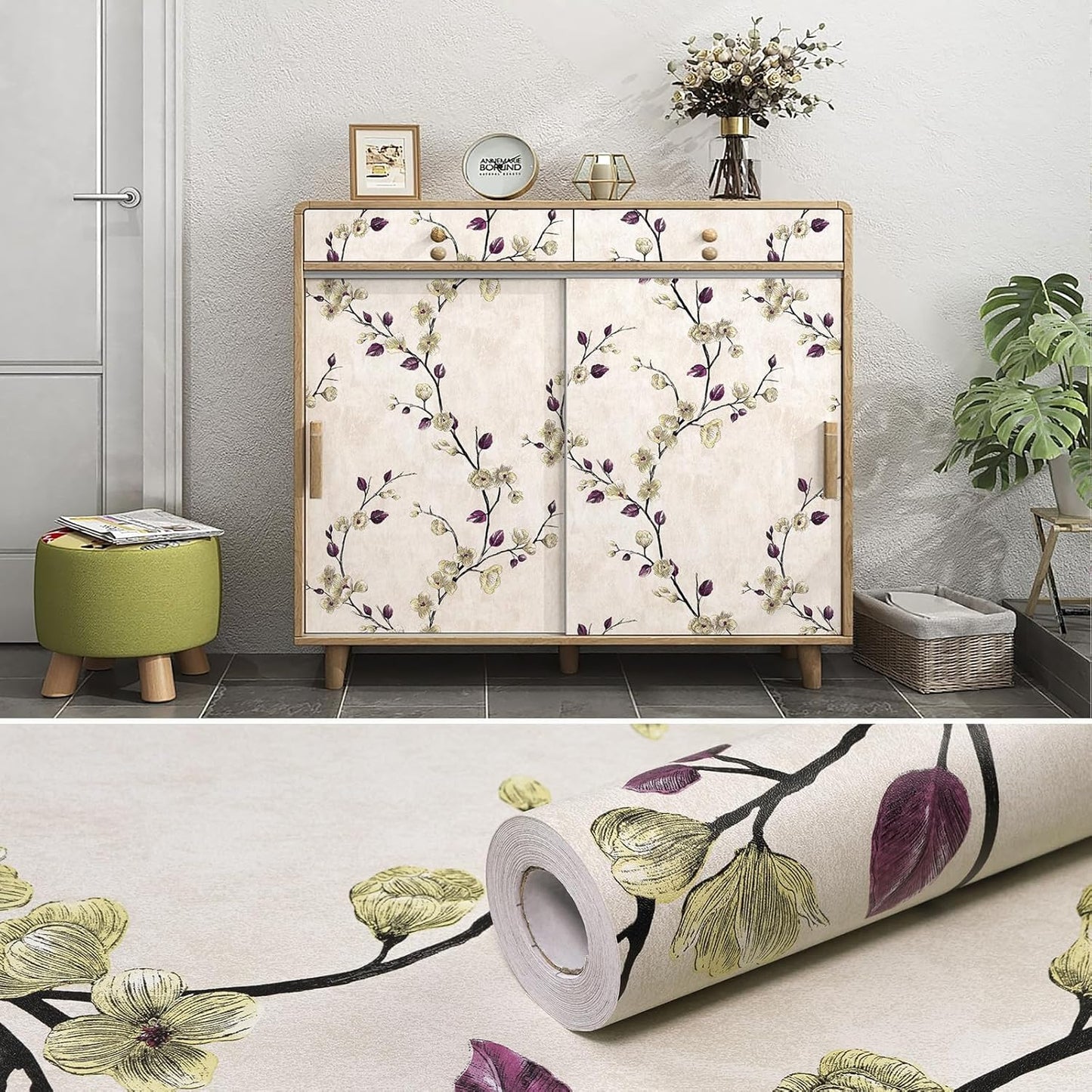 SOON AFTER 17.5”x120” Floral Peel and Stick Wallpaper Flower Tree Contact Paper Self Adhesive Removable Modern Sage Green Wall Paper Decorative Wall Covering Countertop Vinyl Film Roll