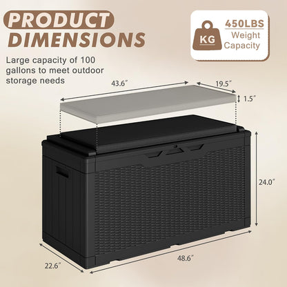 Devoko 120 Gallon Deck Box Resin Outdoor Storage Box Waterproof for Patio, Large Outdoor Storage Bench Lockable for Outside (Black)
