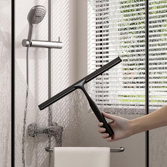 Stainless Steel Shower Squeegee for Glass Doors, Multi-Purpose Squeegee for Shower Glass, Bathroom and Car Windows, Squeegee with Adhesive Hook-10”, Black