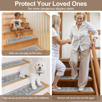 OJIA Extra Non-Slip Stair Treads for Wooden Steps 15PCS, 30"X8" Rubber Indoor Stair Runner Slip Resistant Stair Rugs Safety Mats for Dogs, Kids & Elders, Stairway Grip Step Treads, Gray