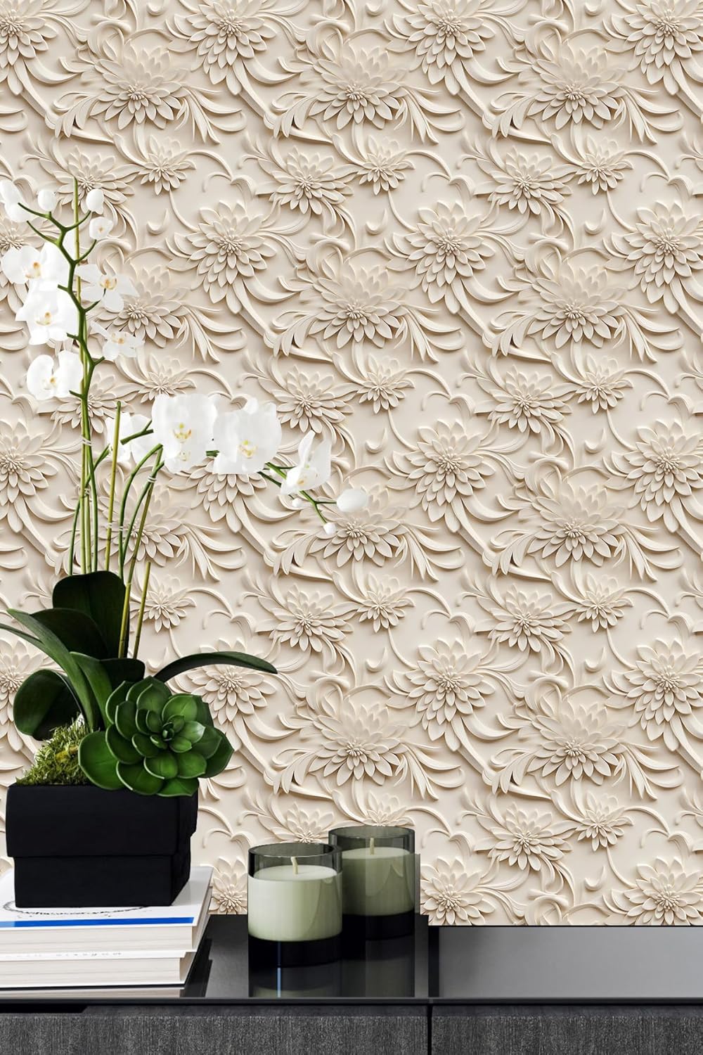Floral Peel and Stick Wallpaper 3D Effect Interior Wall Décor Contact Paper Self Adhesive Removable Renter Friendly for Bedroom Living Cabinet Room 17.7in x 9.8ft (Not Textured Wallpaper