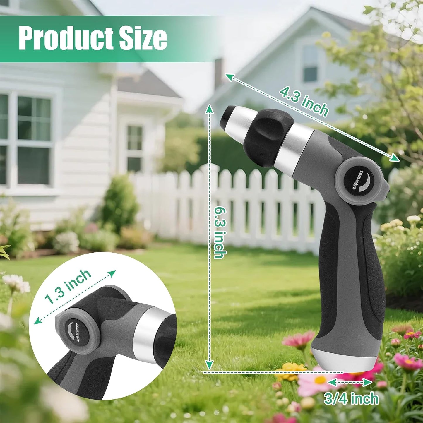 Garden Hose Nozzle - Heavy Duty Water Hose Sprayer with 8 Spray Patterns, Dia 90mm Thumb Control On/Off Valve, Durable Zinc Alloy Body for Lawn, Car & Pet Cleaning