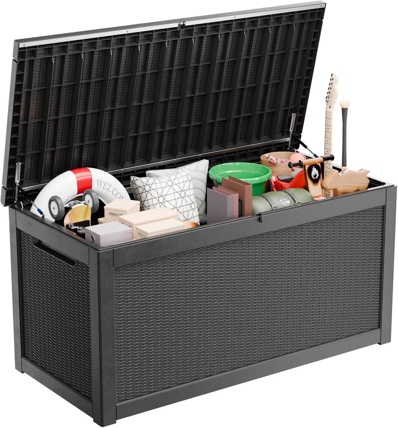 230 Gallon Large Outdoor Storage Box Waterproof, UV Resistant Resin Deck Box with Hydraulic Rod & Lockable Latch for Patio Furniture, Outside Storage Box for Garden Tools, Patio Cushions, Black