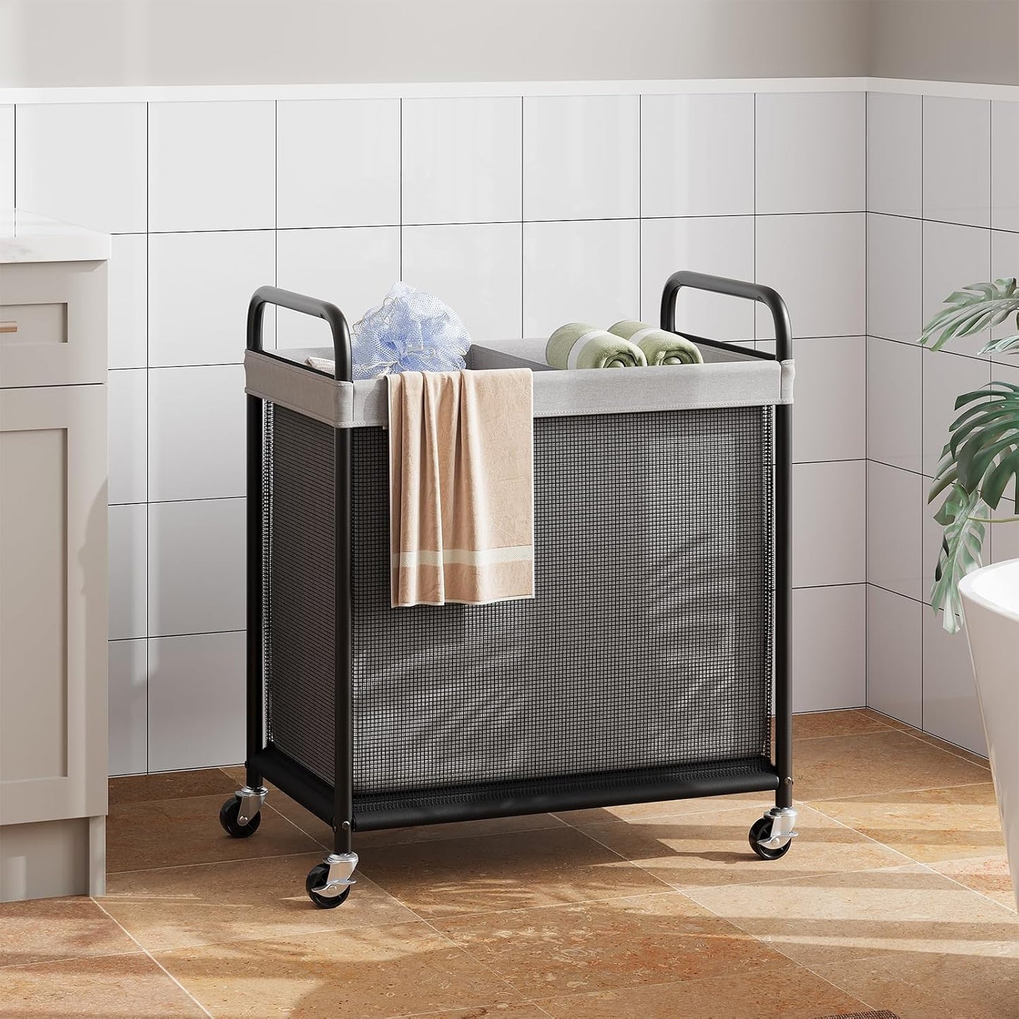 ELYKEN Laundry Hamper 3 Section, 120L Rolling Laundry Sorter with Removable Liner Bag, Laundry Basket with Wheels, Steel Frame with Metal Handle, Clothes Hamper Cart for Laundry Room & Bedroom