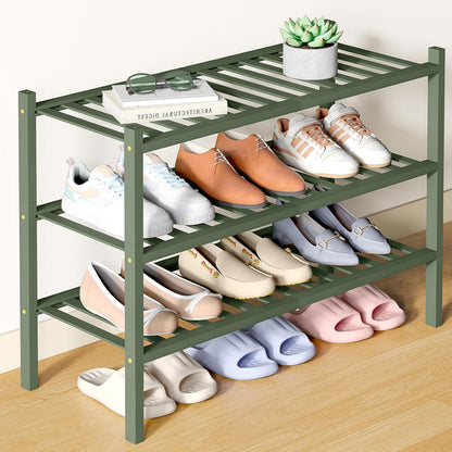 Smiry Bamboo Shoe Rack for Closet, 3 Tier Wooden Shoe Organizer, Stackable Wood Shoe Storage Shelf for Entryway, 14 Vertical Slats, One-piece Heavy-Duty Legs, 26.77"x11.02"x18.31", Natural