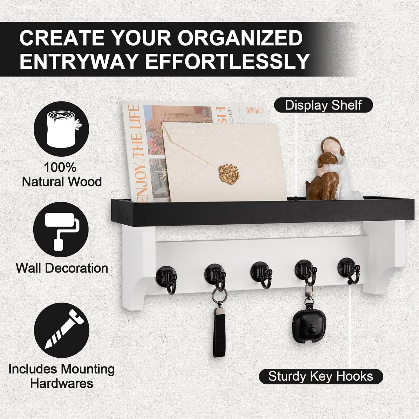 Key and Mail Holder Wall Mount, Key Holder with Shelf and Mail Organizer Wall Mount. Mail Holder with 5 Hooks for Coat, Dog Leash, Home Decor Rack, Entry Way Organizer (White)