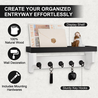 Key and Mail Holder Wall Mount, Key Holder with Shelf and Mail Organizer Wall Mount. Mail Holder with 5 Hooks for Coat, Dog Leash, Home Decor Rack, Entry Way Organizer (White)