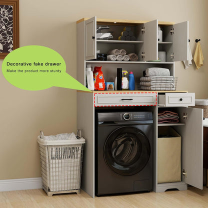 Laundry Room Storage Cabinet with Doors, Washer Dryer Countertop with Shelf & Laundry Basket, Over The Washer and Dryer Storage Shelf Cabinet for Bathroom, Easy Assembly (Large)