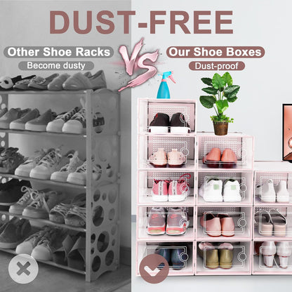 Kuject 12 Pack Large Shoe Boxes, Clear Stackable Containers with Lids,Black | Shoe organizers for closet & entryway, under-bed,Drop-front design fits women's size 10