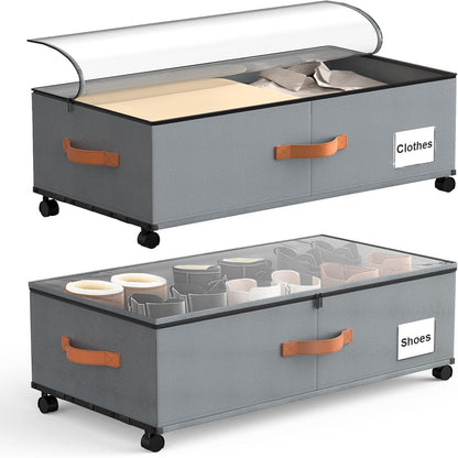 Eastherry Under Bed Storage Containers with Wheels, 9.5 inches Higher Underbed Shoes Blankets Clothes Toy Storage Drawers for College Dorms Bedrooms Nursery Rooms Organization, 2 Pack to be Assembled