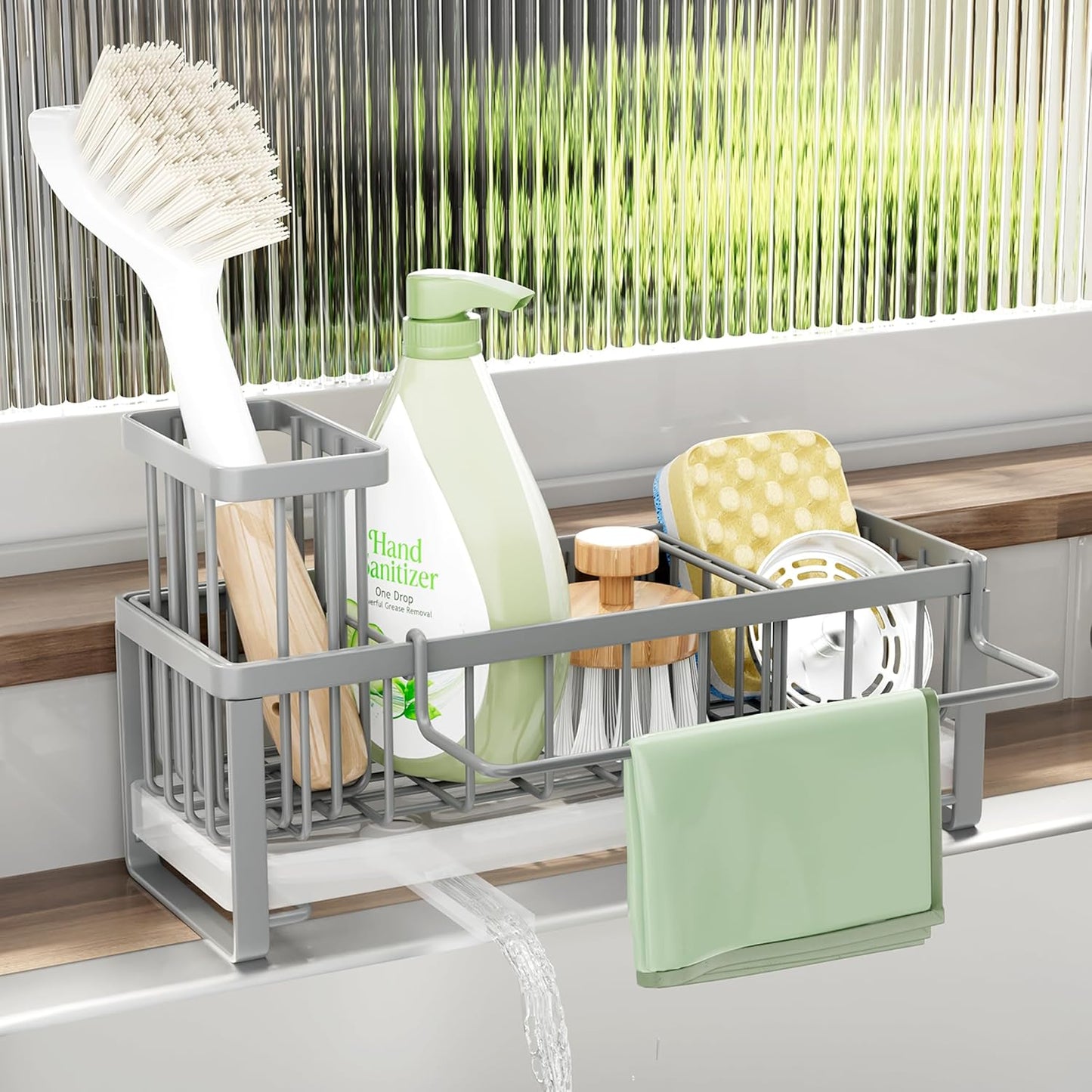 SWTYMIKI Sink Caddy Sponge Holder - Large Sponge Holder for Kitchen Sink with 360°Auto-Drain Tray, Rustproof Stainless Steel Kitchen Organizer Caddy for Countertop Organization