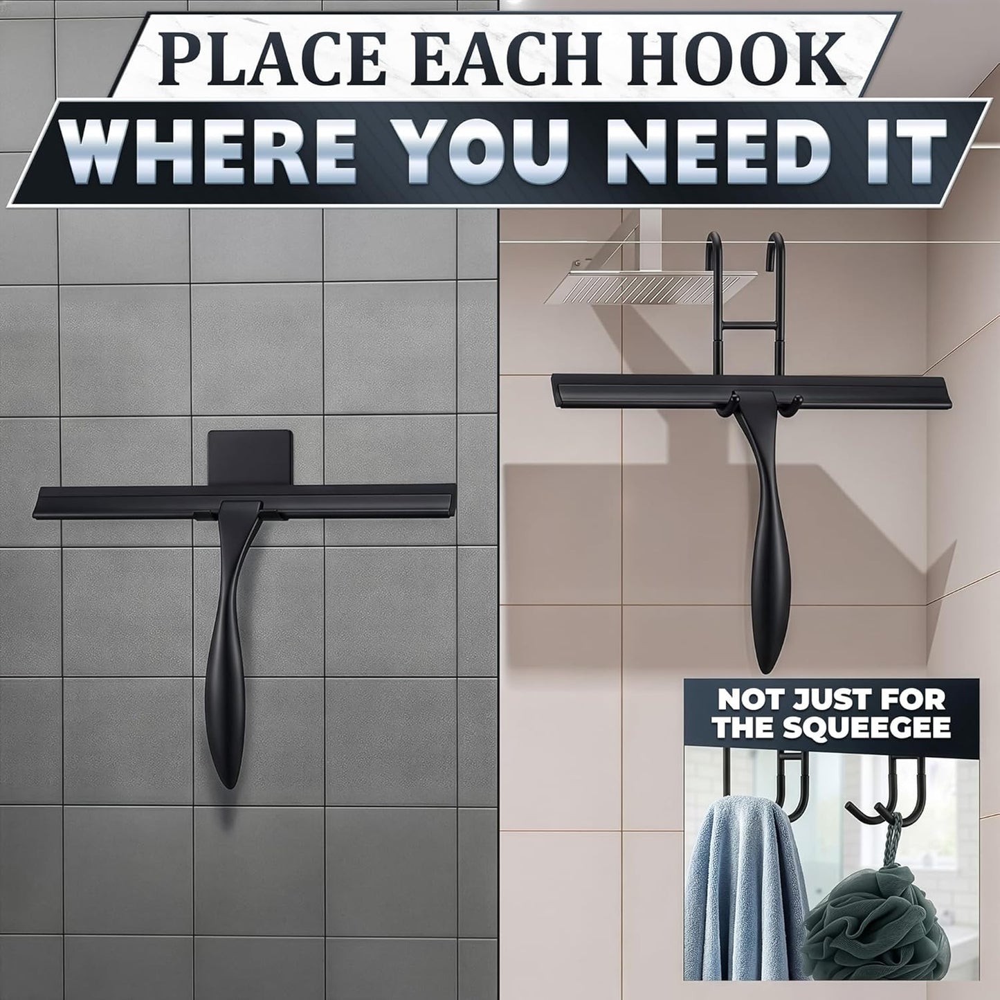 Shower Door Squeegee with Adhesive & Hanging Hooks, 12" Silicone Blade - Stainless Steel All-Purpose Squeegee for Shower Glass, Bathroom Mirror Cleaner Tool Suitable for Tile Walls - Multi-Surface Use