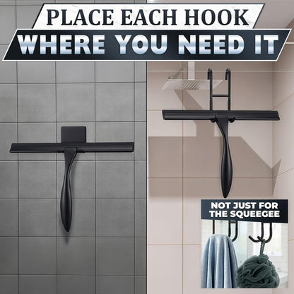 Shower Door Squeegee with Adhesive & Hanging Hooks, 12" Silicone Blade - Stainless Steel All-Purpose Squeegee for Shower Glass, Bathroom Mirror Cleaner Tool Suitable for Tile Walls - Multi-Surface Use
