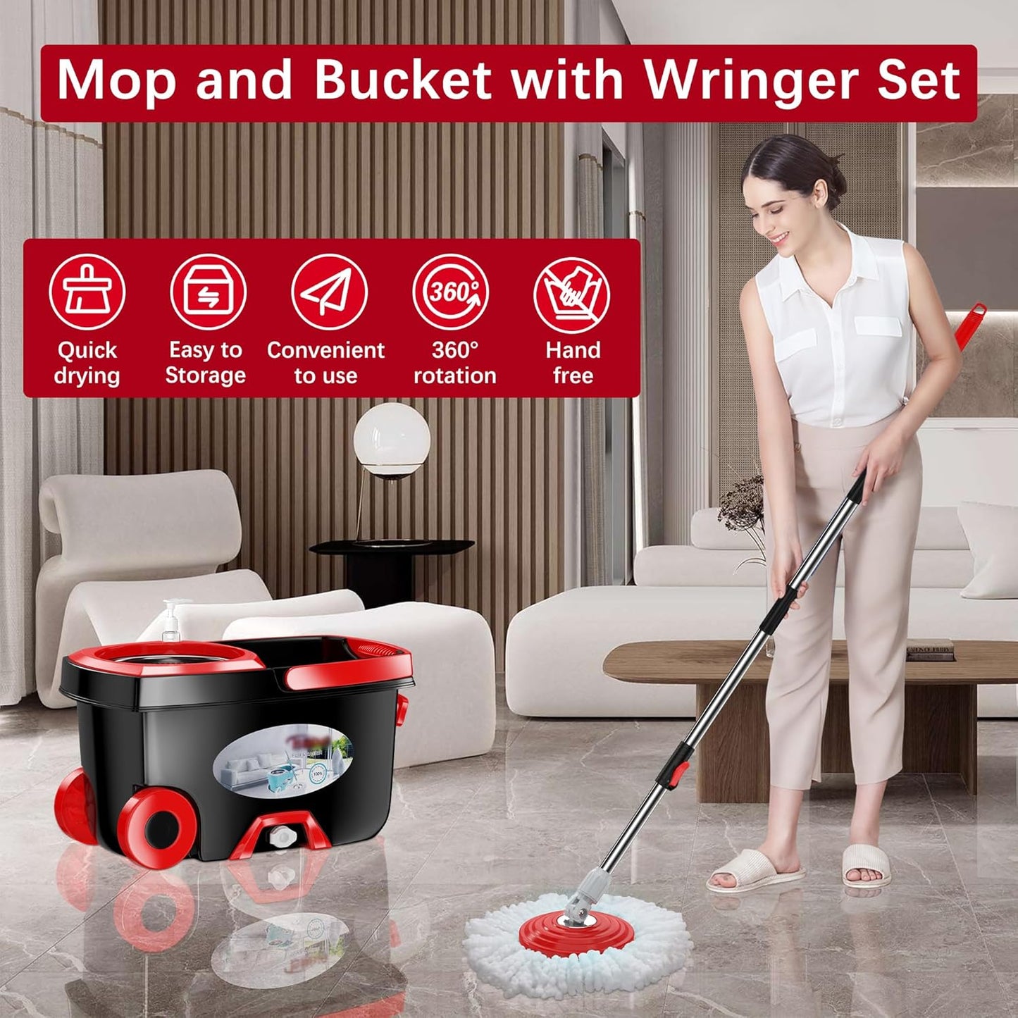 FunClean Spin Mop and Bucket,Mop and Bucket with Wringer Set for Home,360 Spinning Mopping Floor Cleaning Tool with 6 Microfiber Replacement Head Refills,61" Extended Handle, 2X Wheel - Blue