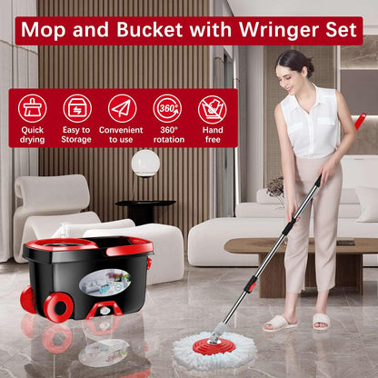 FunClean Spin Mop and Bucket,Mop and Bucket with Wringer Set for Home,360 Spinning Mopping Floor Cleaning Tool with 6 Microfiber Replacement Head Refills,61" Extended Handle, 2X Wheel - Blue