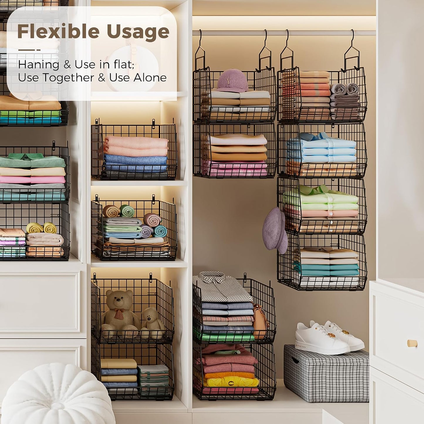 8-Tier Extended Depth Hanging Closet Organizers and Storage for Closet System, Stackable Closet Shelves with 4 Adjustable Dividers for Clothes Sweaters Purses, Wire Hanging Basket Fits Closet Laundry