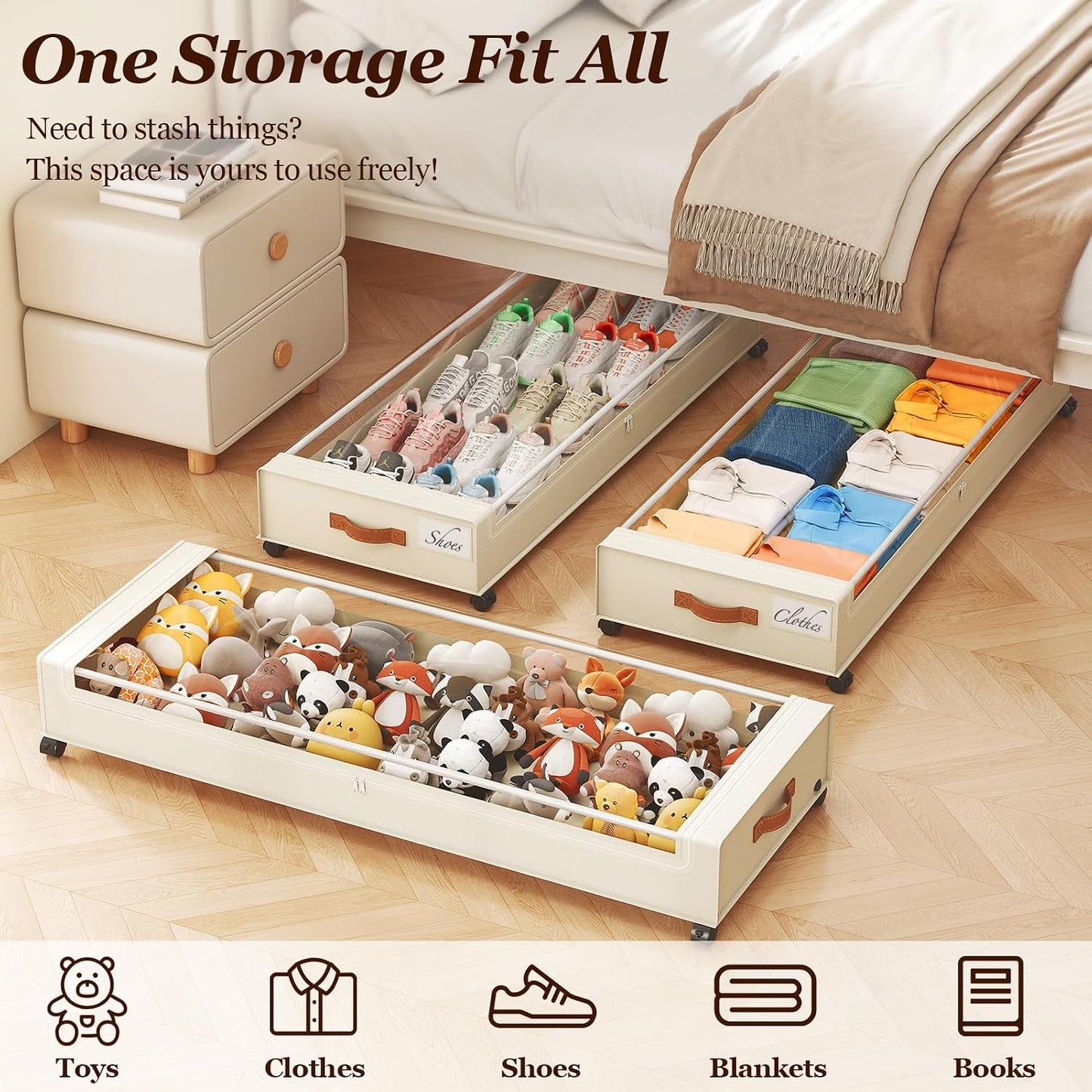 Yecaye Under Bed Storage with Wheels, 2 Pack Under Bed Storage Containers, 60L Underbed Shoe Storage with Clear Window & Label, Rolling Under Bed Metal Drawer for Clothes, Shoes, Books, Blankets