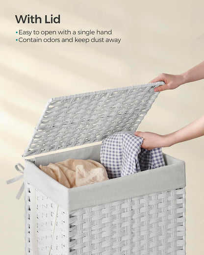SONGMICS Laundry Hamper with Lid, 23.8 Gallon (90 L) Synthetic Rattan Clothes Laundry Basket with Lid and Handles, Foldable, Removable Liner, Chestnut Brown ULCB051K02