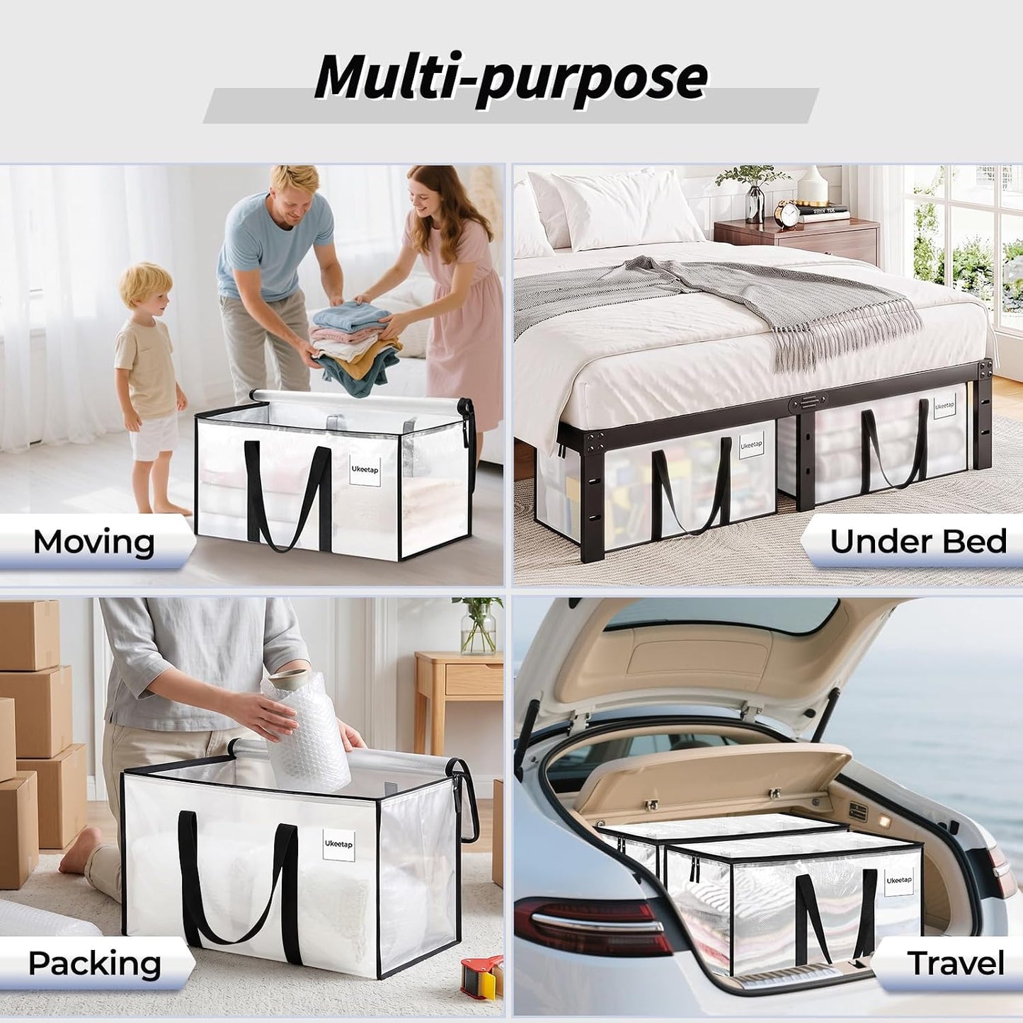 8 Pack Extra Large Heavy Duty Moving Bags, Clear Storage Bins with Lids, Reinforced Handles & Heavy-Duty Zippers Moving Boxes Storage Bags Totes for Clothes Packing, Dorms, College Supplies, Clear