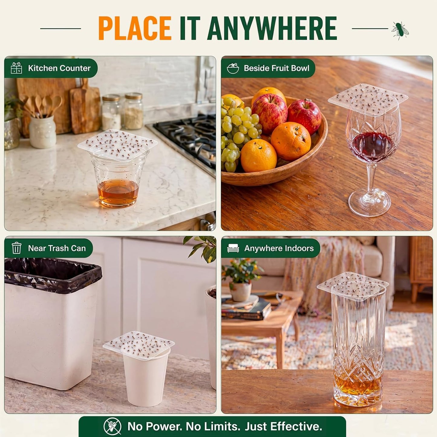 50 Pack Fruit Fly Trap Covers for Cup, Double-Sided Adhesive Cards for Fruit Flies & Gnats, Easy DIY Vinegar Trap for Kitchen Sink, Countertop & Dessert Bowl, Safe, Mess-Free, Indoor Use