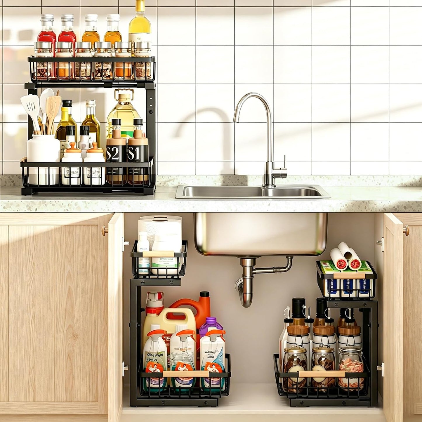 REALINN Under Sink Organizer, 2 Pack Height Adjustable Under Sink Organizers and Storage, 2 Tier Pull Out Drawer Cabinet Storage for Kitchen Bathroom, White