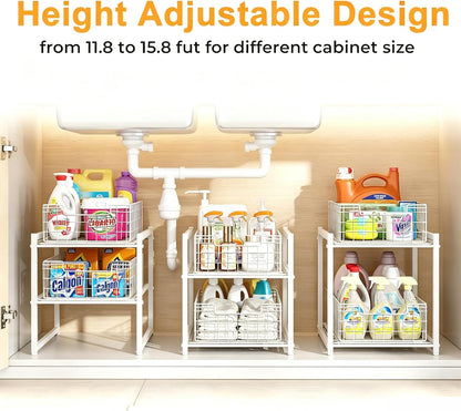Under Sink Organizer, 2-Tier Pull Out Cabinet Organizer, Kitchen Bathroom Organizer and Storage, Spice Rack for Kitchen, Multi-use Sliding Drawers Shelves, Pack of 2