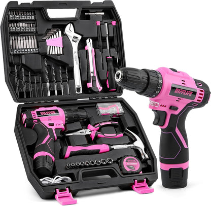 Pink Tool Set for Women, 126-Piece Lady's Power Screwdriver Cordless Rechargeable Set Home Repairing Tool Set with 13-Inch Wide Mouth Open Storage 126PCS 3.6V Electric Screwdriver Tool Bag