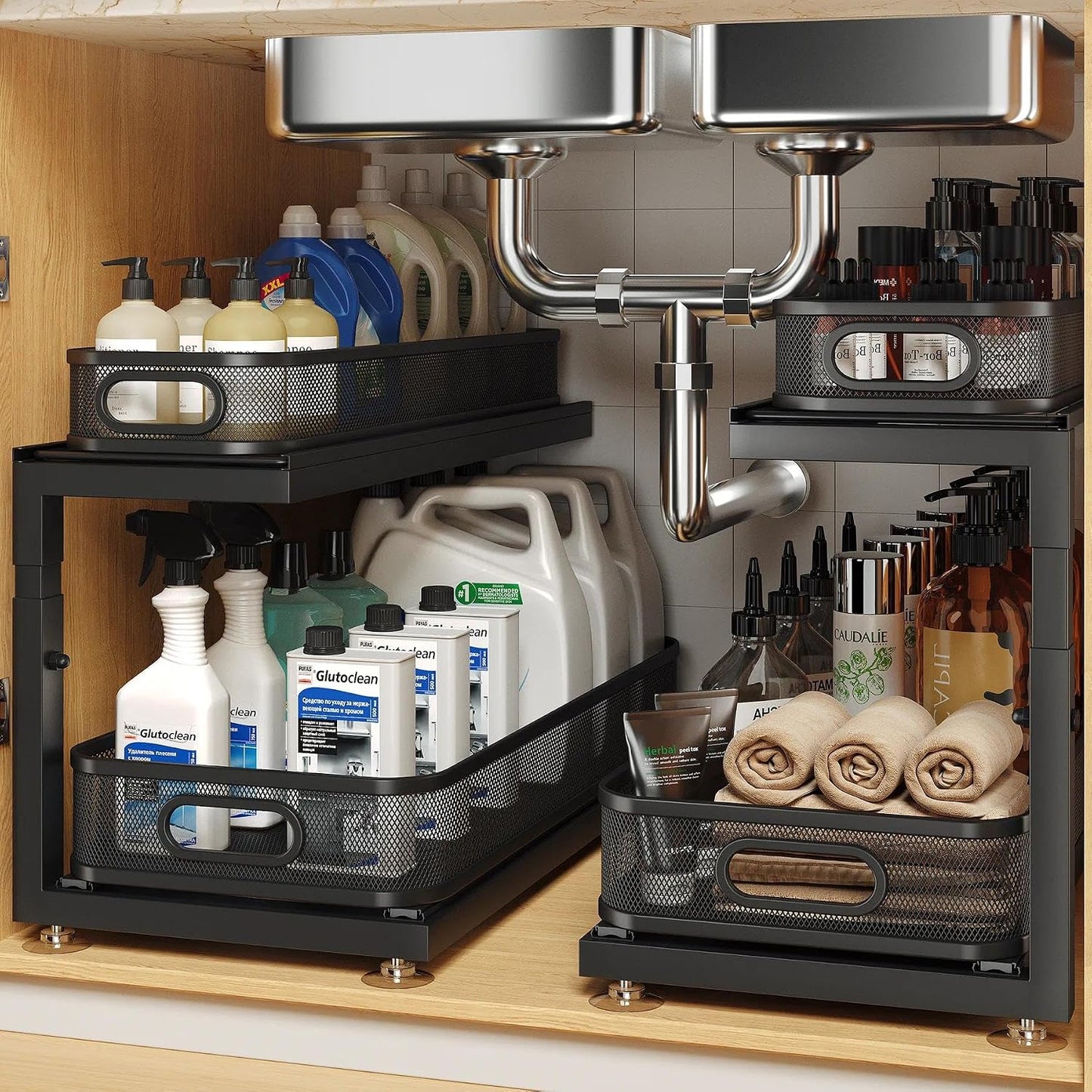 2-Pack Under Sink Storage Organizer with 2-Tier Slide Out Drawer, Sophisticated Mesh Pull Out Shelf for Kitchen & Bathroom, Fits Small Items, Upgraded Arched Track for Smooth Gliding(Patented)