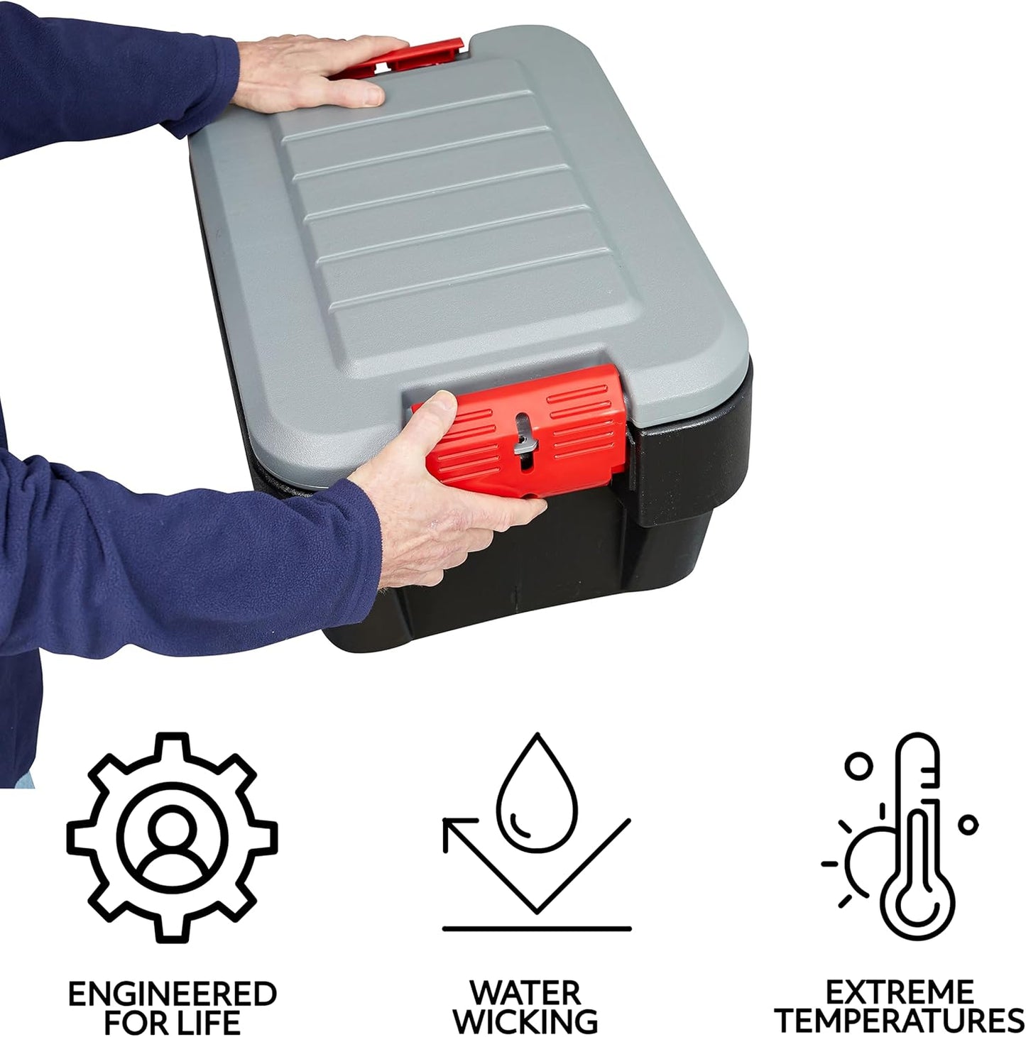 Rubbermaid ActionPacker 35 Gallon, Made in USA, Lockable Plastic Storage Bin with Lid and Wheels- Outdoor, Industrial, Rugged, Camping Gear and Truck Bed Storage - Gray and Black