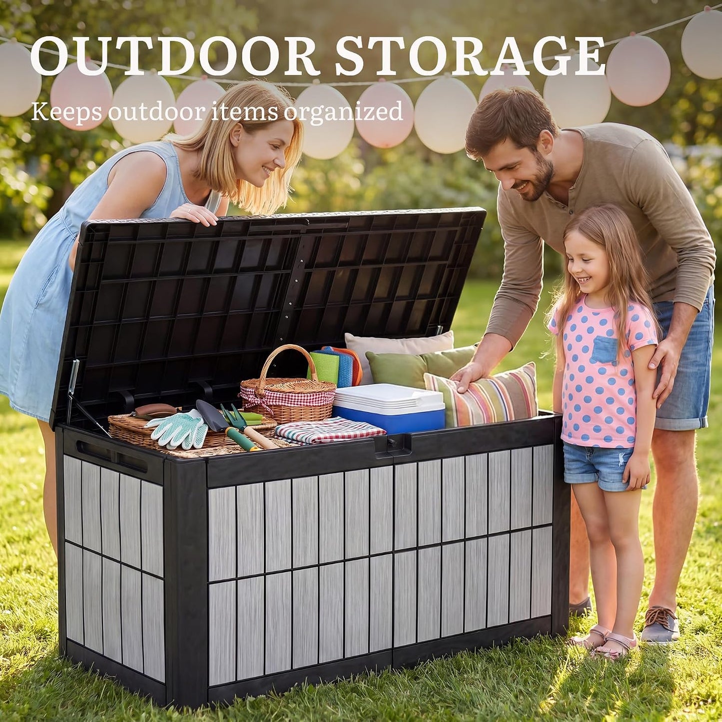 YITAHOME 134 Gallon Large Deck Box | Waterproof Resin Outdoor Storage Box with Lock, Doubles as 2-Person Bench Seating for Patio Furniture Cushions,Garden Tools &
