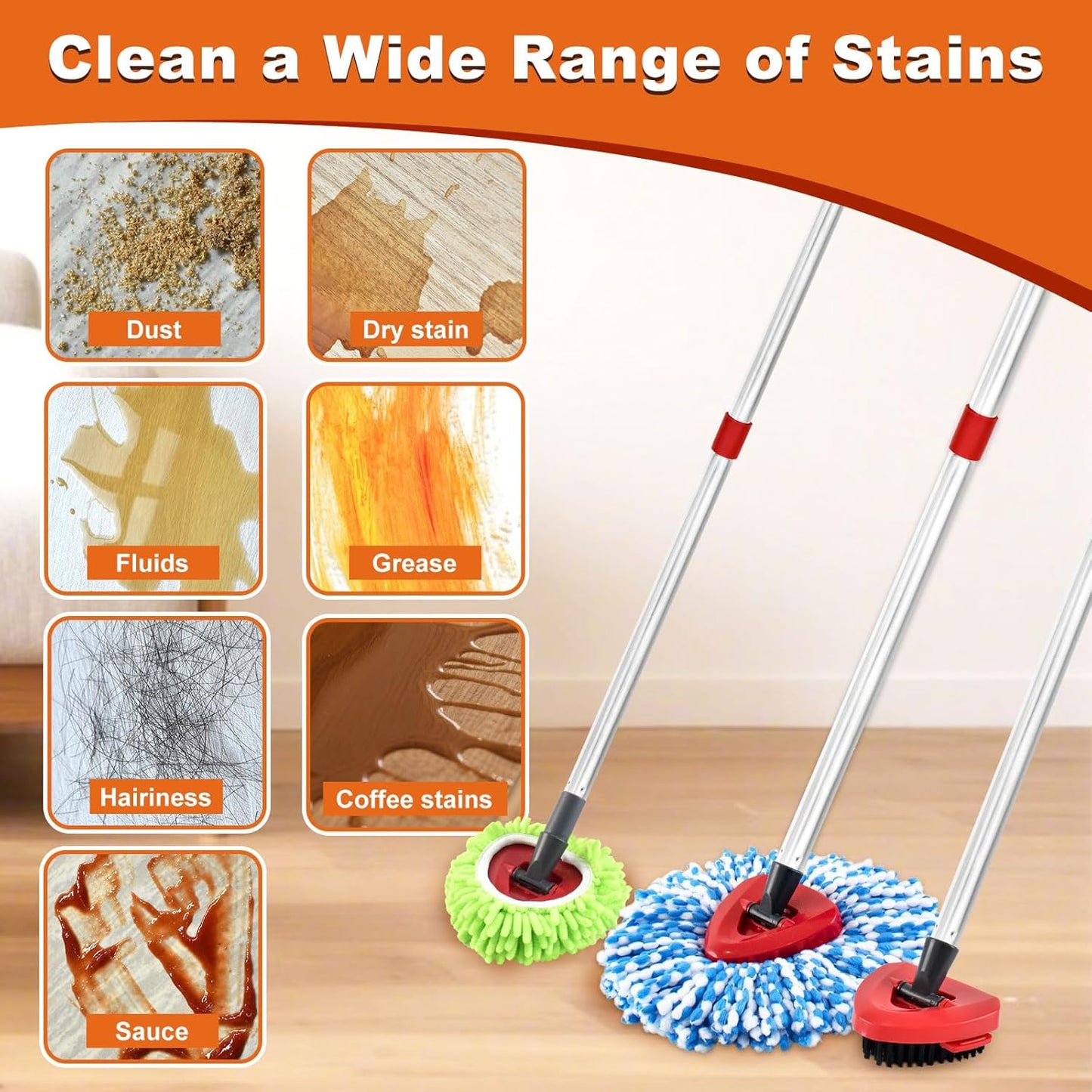 Mop Heads for O Cedar RinseClean 2 Tank Spin Mop System, 3 Microfiber Mop Head Refills and 3 Chenille Mop Pads,1 Scrub Brush, and 1 Mop Base with Mop Handle Set Combo