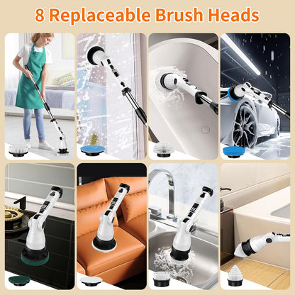 Electric Spin Scrubber with 8 Replaceable Brush Heads 6 Adjustable Angle Waterproof LED Display Cordless Cleaning Brush Supplies Bathroom Cleaner Set Long Handle Power Scrubber for Shower Floor Tub