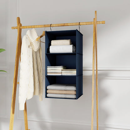 Hanging Closet Organizer 3-Shelf, Oxford Fabric Wardrobe Storage, Gray | Easy-mount foldable design holds clothes, handbags, shoes & accessories; washable Oxford fabric, sturdy and space-saving.