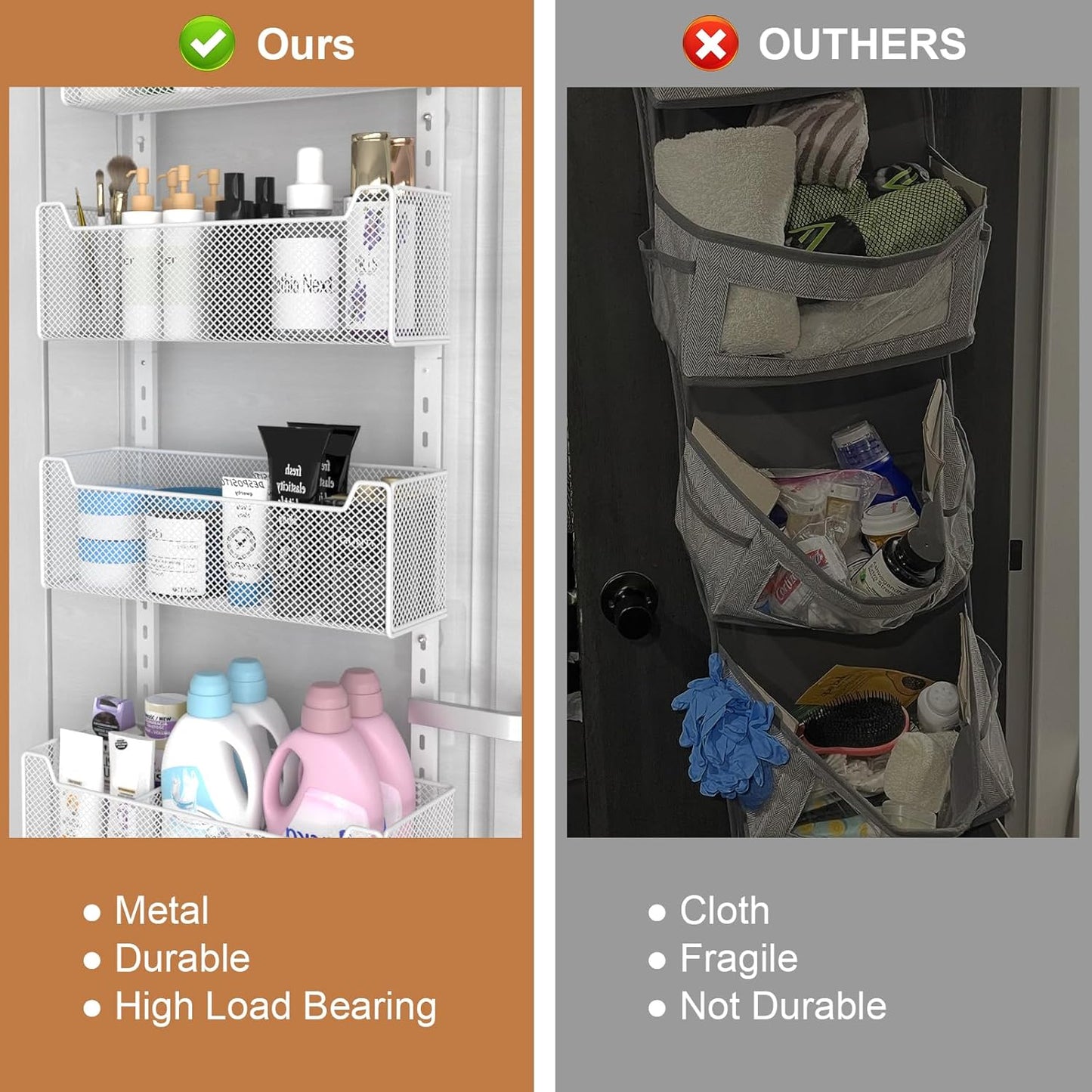 VyGrow Over The Door Organizer, Metal Door Organizer Hanging with 5 Adjustable Baskets and Coat Hook, Behind The Door Storage for Bedroom Closet Bathroom Pantry Cabinet Kitchen, Black