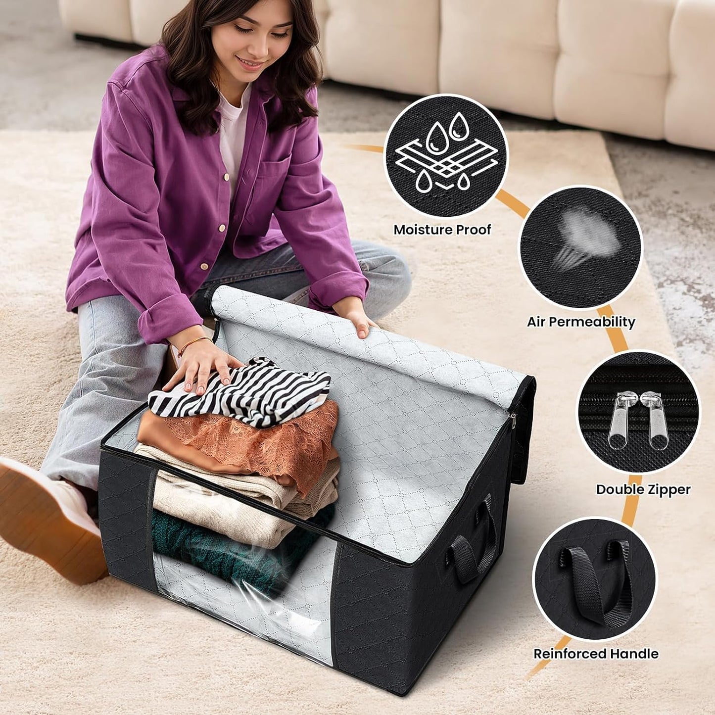 Fab totes 6 Pack Storage Bags for Clothes and Blanket, Foldable Closet Organizers and Storage with Zippers, Clear Window and Handles, Fabric Storage Bins for Sweater, Comforter, Bedding,Linen Sheets